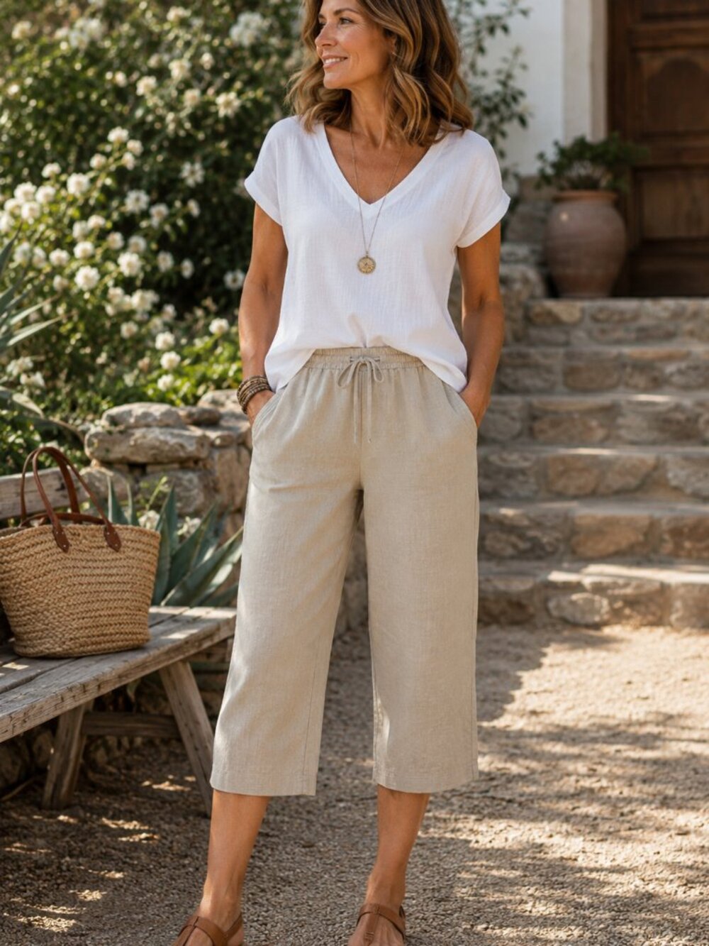 Vintage Scandia Woods Linen Blend Cropped Capri Pants XL Pull On Natural Beige